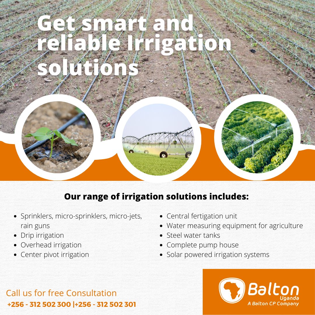 Call us today to get FREE consultation and discover the perfect irrigation solution tailored just for you.

📞+256-312 502 300 or +256-312 502 301

#Baltonuganda #IrrigationSolutions #SustainableFarming #Uganda #DripIrrigation