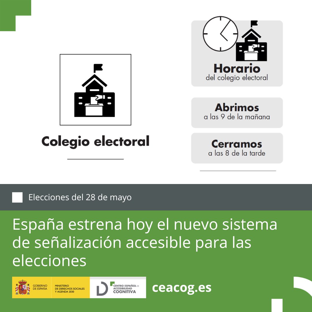 #Elecciones28M | España estrena hoy un nuevo sistema de señalización accesible de colegios electorales. Es iniciativa de @CEACOG, @interiorgob y @plenainclusion. Cuenta con una guía de instalación en #lecturafácil.

Además, CEACOG ha adaptado a #lecturafácil el manual de mesa