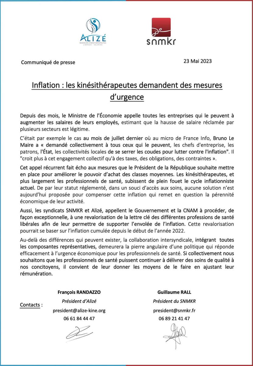 [ Communiqué de Presse - Négociations conventionnelles ]

Face à la poursuite de la crise inflationniste, le SNMKR et le Syndicat Alizé demandent la reprise des discussions avec la CNAM afin d'apporter une réponse à l'inflation ET de rouvrir les négociations conventionnelles.