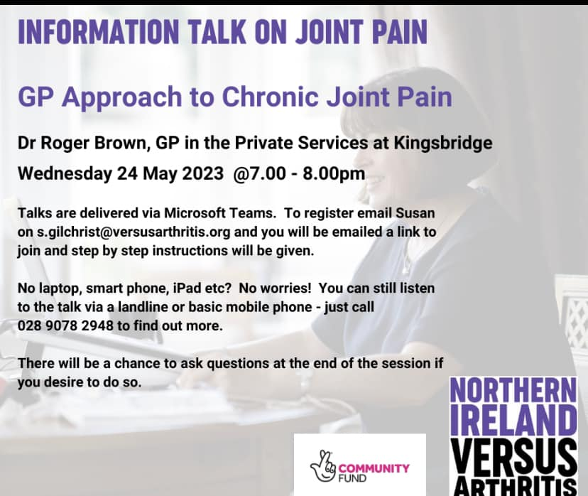 FREE GP talk on Chronic Pain

This Wednesday 24 May 2023 7-8pm online.

See poster for more information and details on how to register

@VersusArthritis