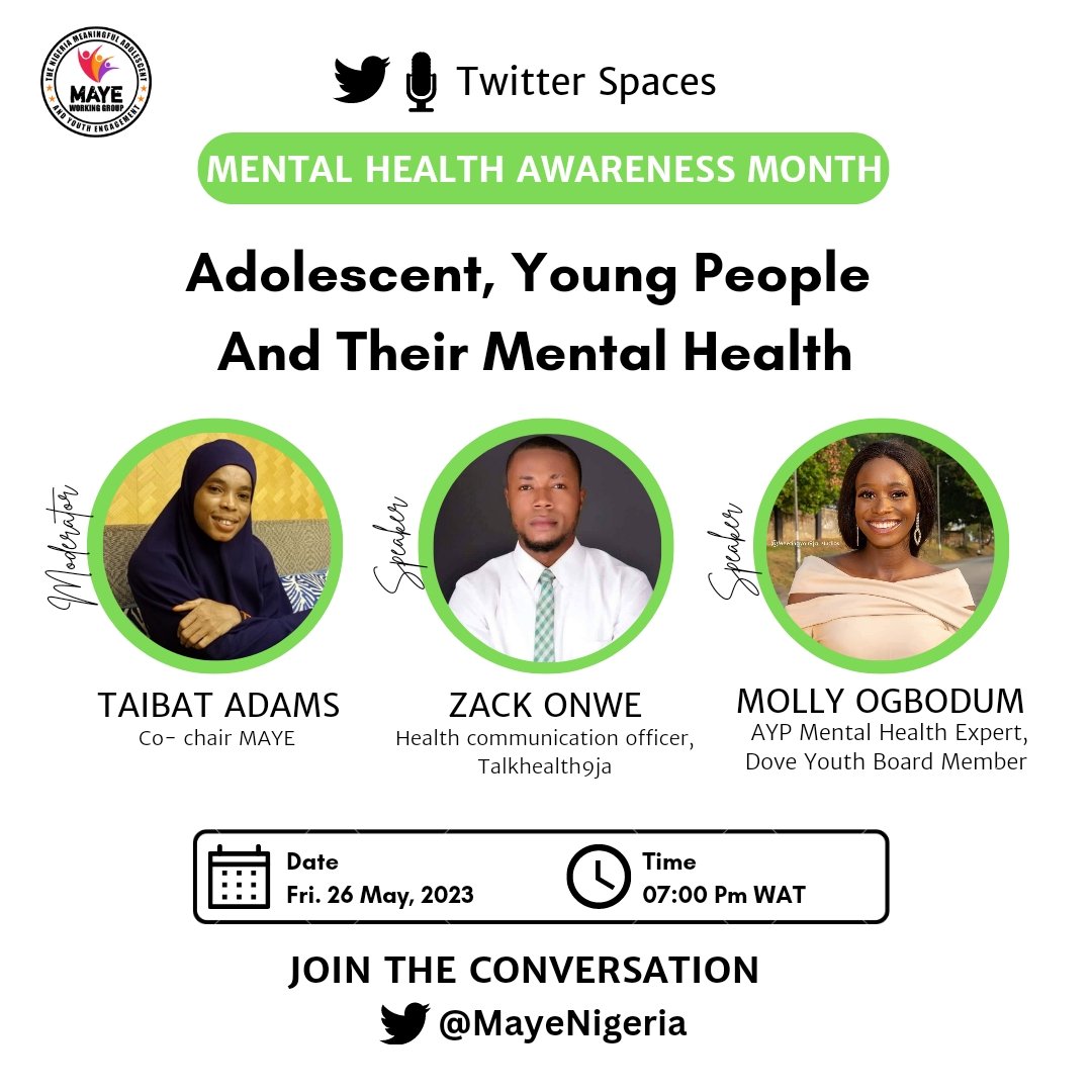 Join us for an exciting Twitter Space discussion on Adolescents, Young People And Their Mental Health

Date: Fri. 26th May 2023
Time: 7pm
Location: twitter.com/i/spaces/1ZkKz…
Speakers: @ZacksOnwe @MollyProfessor

#mentalhealthmatters
#mentalhealthawareness
#Seeksupport