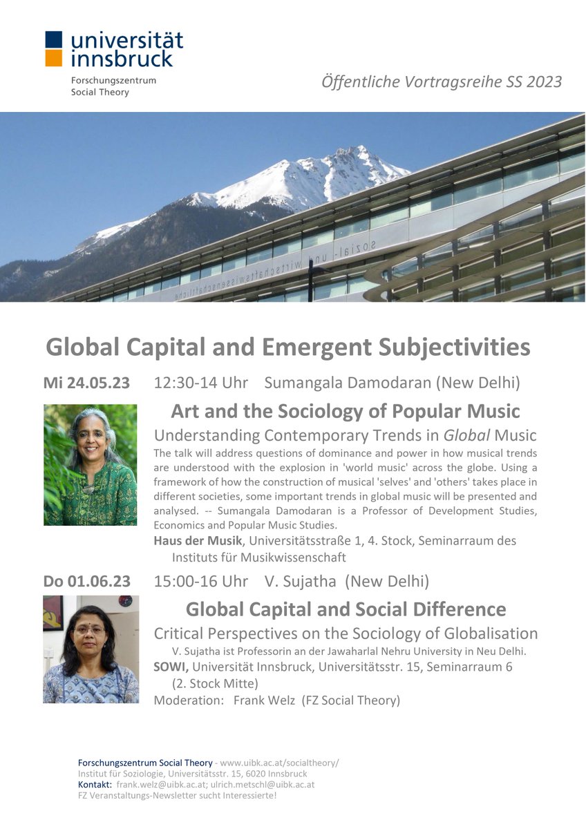 📣In der Reihe "Global Capital and Emergent Subjectivities", soll diese Woche mit der Sängerin und Professorin Sumangala Damodaran unter dem Titel "The Art and the Sociology of Popular Music" über die Rolle der Soziologie bei globalen Musiktrends diskutiert werden❗️