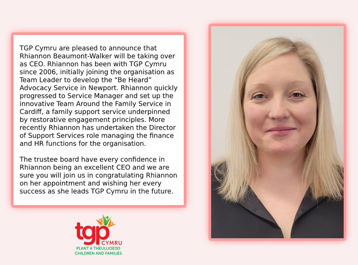 TGP Cymru (@tgpcymru) on Twitter photo CEO <a href="/JackieMurphyTGP/">Jackie Murphy</a> will retire in June after years of dedicated service. We extend our heartfelt gratitude to Jackie for her remarkable contributions.
Rhiannon Beaumont-Walker will lead the organisation as our new CEO.
Congratulations, Rhiannon! CEO <a href="/JackieMurphyTGP/">Jackie Murphy</a> will retire in June after years of dedicated service. We extend our heartfelt gratitude to Jackie for her remarkable contributions.
Rhiannon Beaumont-Walker will lead the organisation as our new CEO.
Congratulations, Rhiannon!