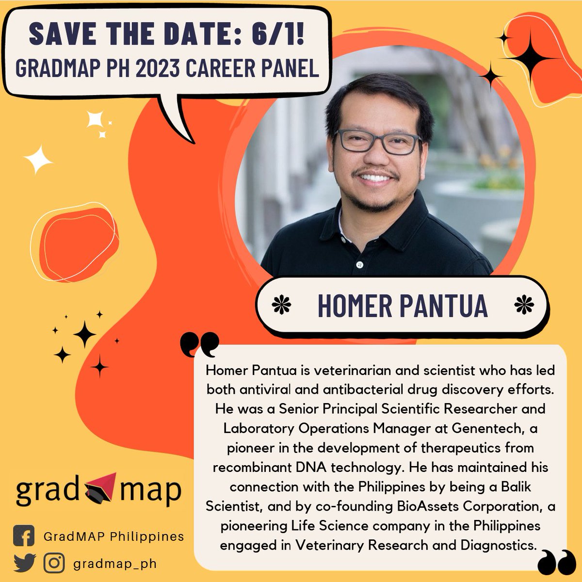 gradmap_ph's tweet image. Meet our #veterinaryscientist Homer Pantua in our penultimate set of panelists!

Hear his adventures on being a Balik Scientist🇵🇭 when you sign up for #GradMAPCareerPanel2023!
📍bit.ly/gradMAPcareer

#sciencePH #career #mentorship