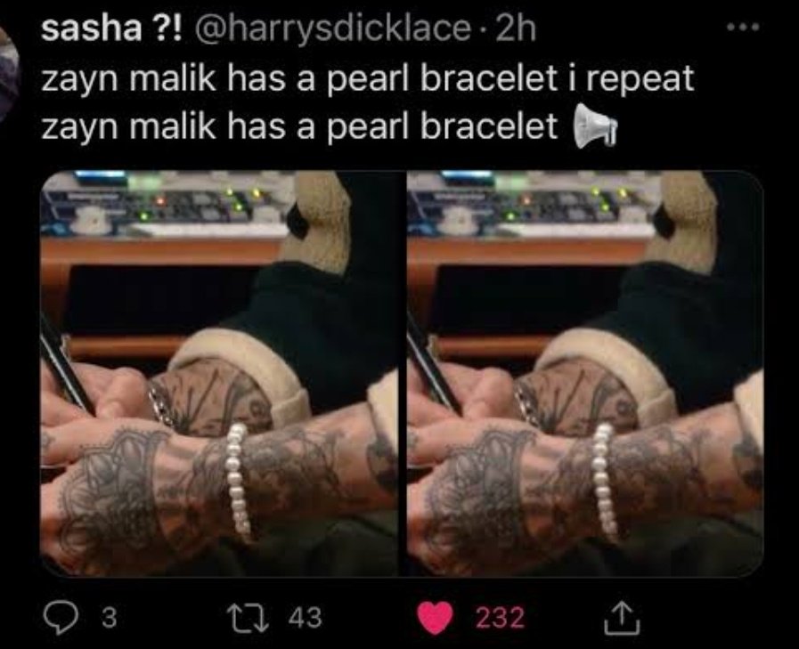 I only see the pearl braclet in his arm . And it looks beautiful on both zayn and harry ..