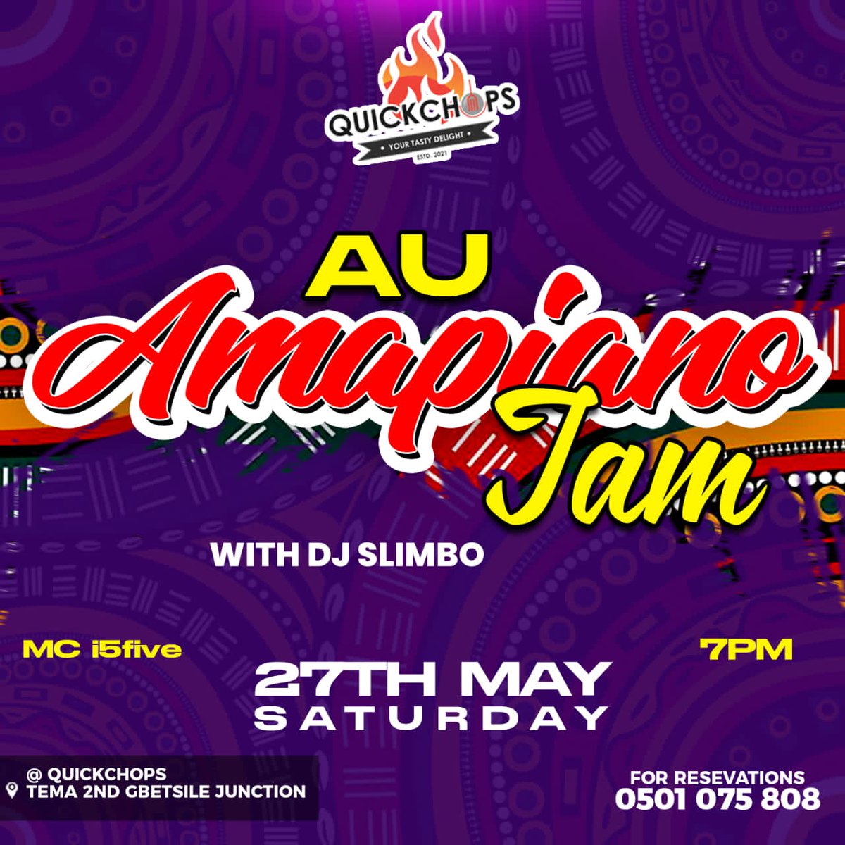 QuickChopsgh's tweet photo. Amapiano Jam to celebrate "African Union Day" 💯. Saturday 27th May. Come and let's partyyyy!!!

📍Tema, Gbetsile 2nd Junction

#quickchopsgh #ghana #amapiano https://t.co/vM1zz3fKII