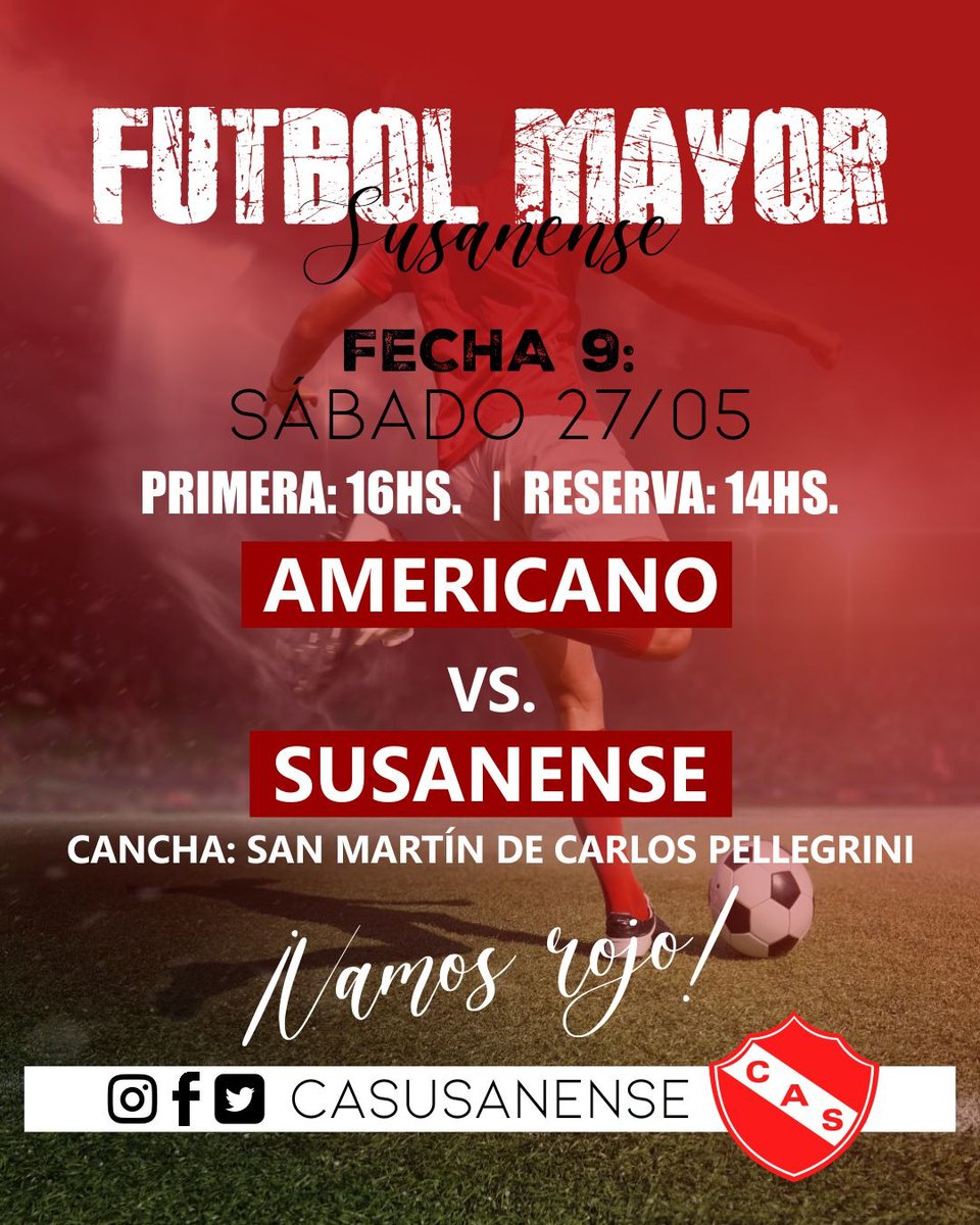 ⚽️ - FÚTBOL MAYOR: Éste Sábado visitamos a Americano.
🔸️PRIMERA: 16hs.
🔸️RESERVA: 14hs.
📍Cancha: San Martín de Carlos Pellegrini 
¡Vemos ROJO! 💪🏻❤️