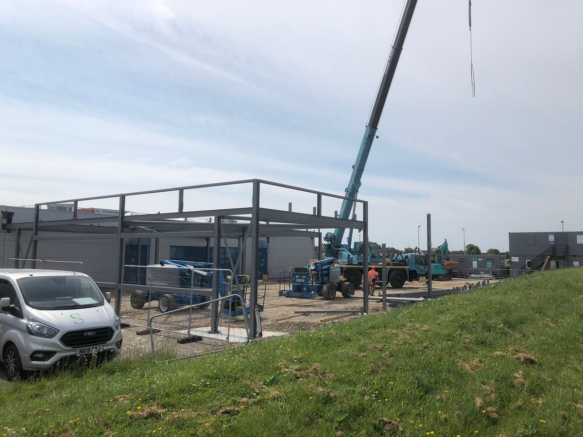Steel frame going up on our @FarehamCollege CEMAST extension - part of the South Coast IoT with @educationgovuk funding and support #creatingspaces #engineering