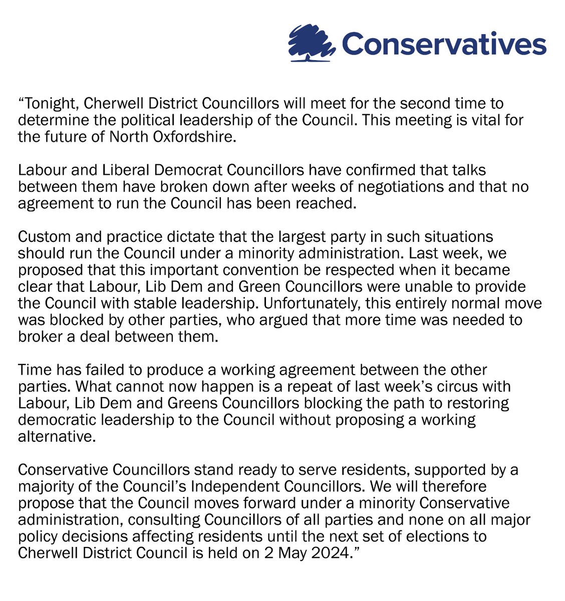 @NorthOxonCons' statement on tonight's @Cherwellcouncil meeting: