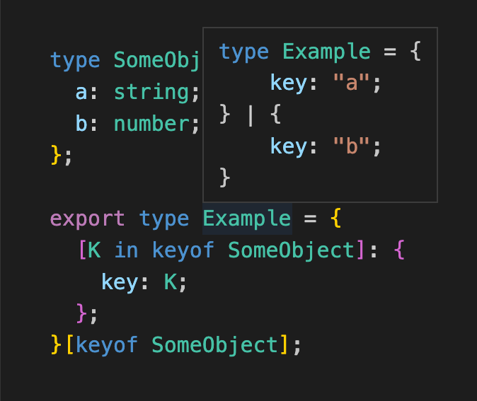 mattpocockuk's tweet photo. I see this in TypeScript a lot.

First, you create a mapped type, then you index into it.

It's SUPER good for creating unions out of objects, but I don't know if this pattern has a name.

What name would you give this pattern? https://t.co/laAa9GdF6e