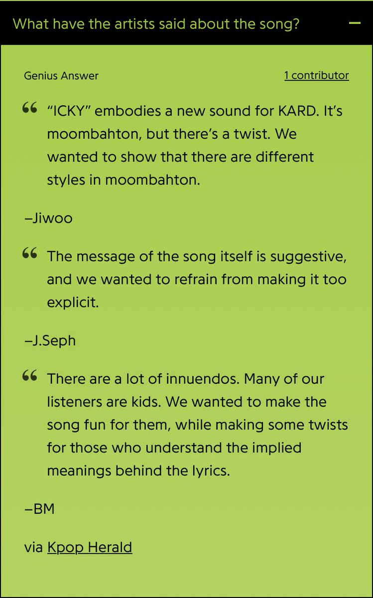 HO_HiddenKARDs's tweet photo. #KARD’s comments about #ICKY on Genius.
#KARD_ICKY #KARDISBACK https://t.co/67aIbcnR1r