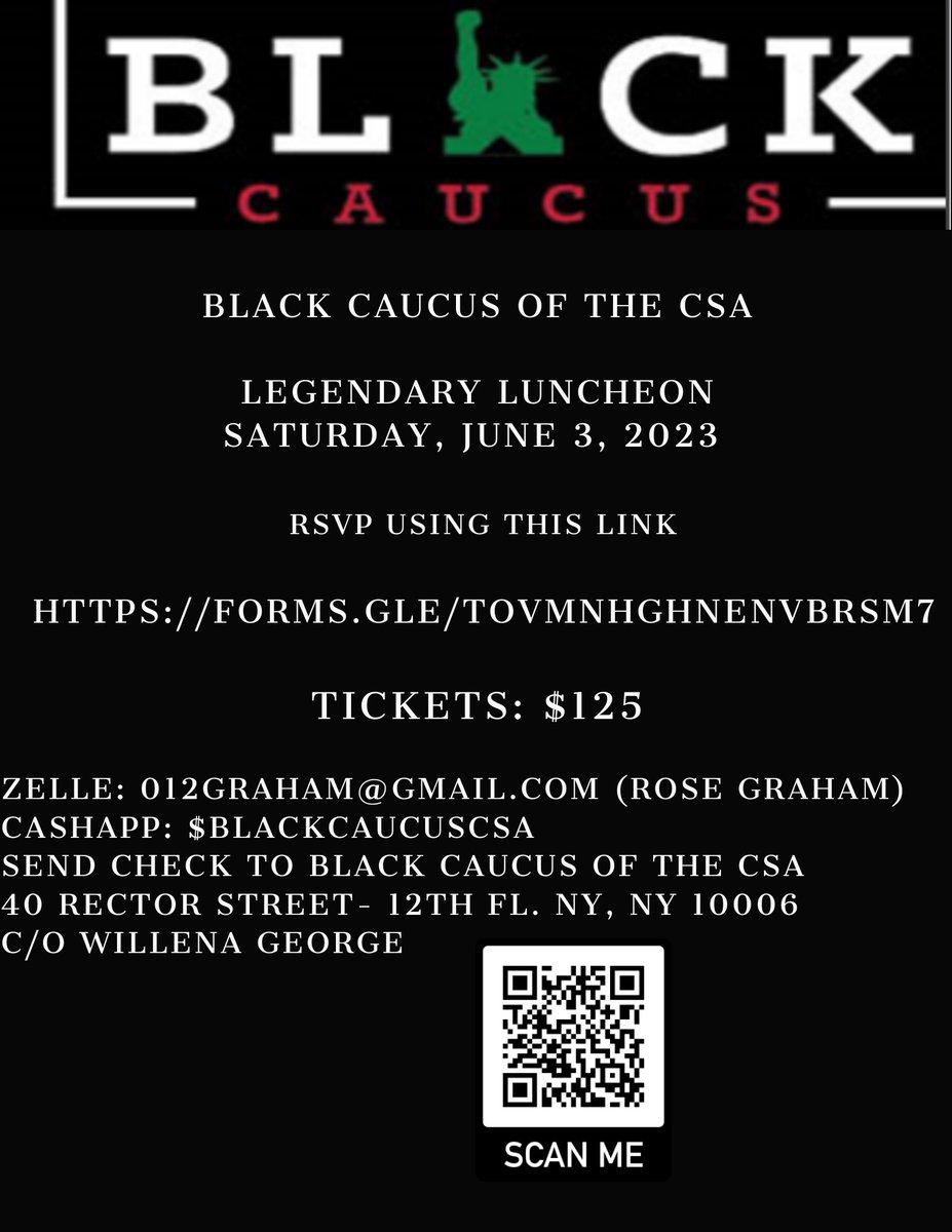 The Annual Black Caucus of the CSA (BCCSA) Legendary Luncheon will be taking place on Saturday, June 3, 2023. Payment is $125 and will be held at: Dyker Beach Golf Course 1030 86th St. Brooklyn, NY 11228 12:00 p.m. to 4:30 p.m. Link in bio to register!