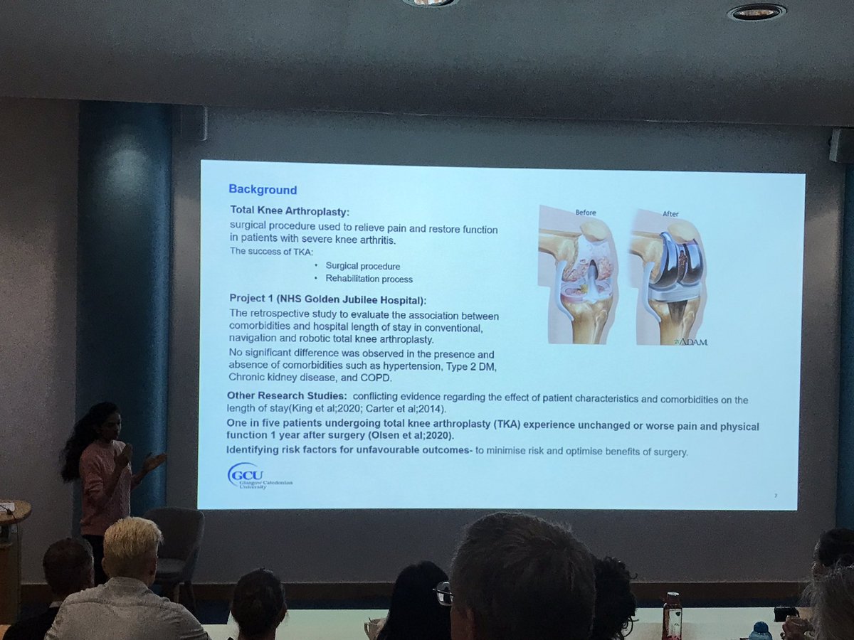 GCUPhysio's tweet photo. Final year #DPTStudent Tejal Dias presenting her #qualityimprovementproject to promote exercise adherence in the longer term following total knee arthroplasty #physiotherapyrehab #GCUDPTConference https://t.co/Ax6081IZz6
