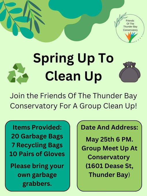 friendsTBcon's tweet photo. Thursday, May 25 at 6pm, please join the Friends for a spring clean up of the grounds and area around #ThunderBay's Centennial Botanical Conservatory. Bags and gloves provided. Bring your own trash grabbers.
#TBay #SpringUpToCleanUp #Volunteers https://t.co/FWLgaGjsan