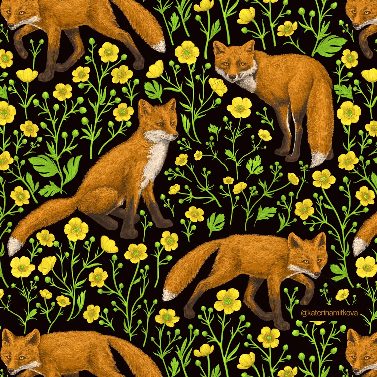 katerinamitkova's tweet photo. 4 colorways of my newest pattern with Foxes and buttercups🎨🦊🌼
.
.
.
#pattern #foxesandflowers #surfacepatterndesign #spoonflower #zazzle #redbubble #homedecor #fabriclove #foxdesign #buttercup #artoftheday #textiledesigner #patterndesigner #Photoshop #patternpreview https://t.co/tpOenVJnye