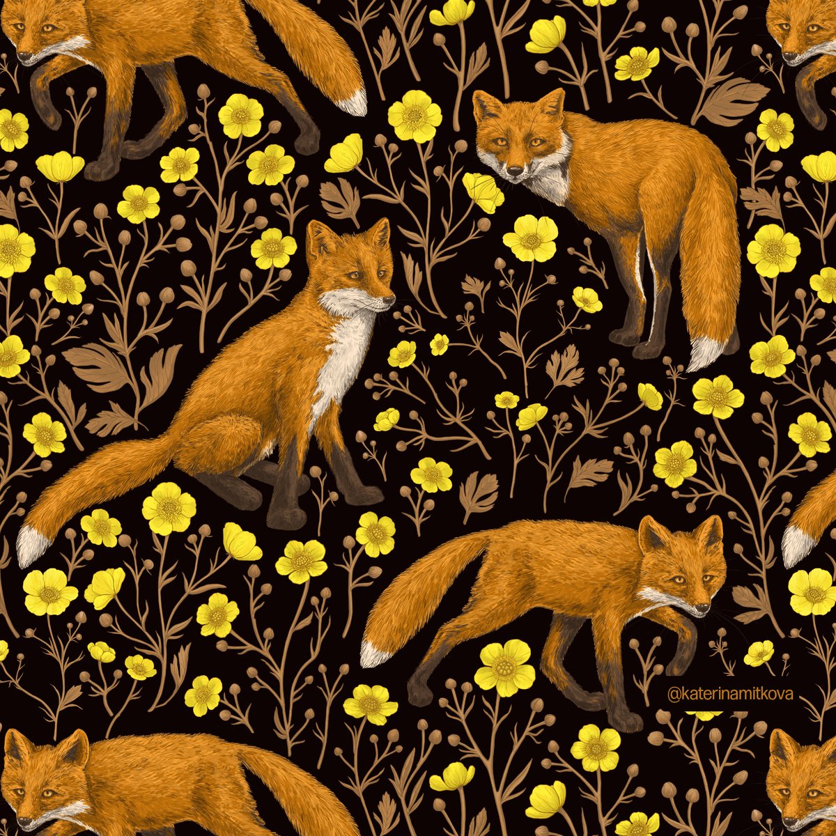katerinamitkova's tweet photo. 4 colorways of my newest pattern with Foxes and buttercups🎨🦊🌼
.
.
.
#pattern #foxesandflowers #surfacepatterndesign #spoonflower #zazzle #redbubble #homedecor #fabriclove #foxdesign #buttercup #artoftheday #textiledesigner #patterndesigner #Photoshop #patternpreview https://t.co/tpOenVJnye