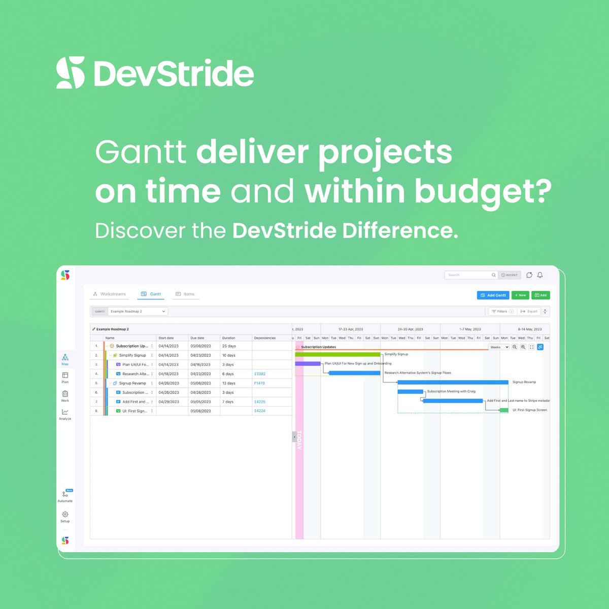 Struggling with project timelines and budgets? Discover DevStride Gantt charts! Visualize timelines, track dependencies, and achieve your goals. Make informed decisions, stay on track, and take control. Manage projects effectively with DevStride Gantt charts!