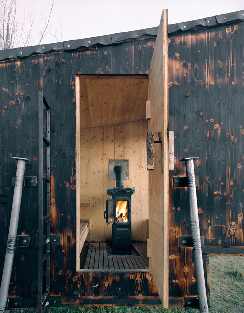 mobile sauna by BIVAK perches on recycled wooden stilts for an exclusive retreat designboom.com/architecture/m…