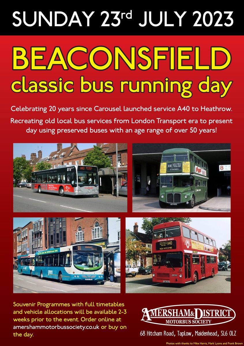 Sunday 23rd July is our next event based in Beaconsfield Old Town.

Buses will depart from one of 3 stops with up to 10 departures each hour. Programmes will have all the details making them essential to plan your day!

Vehicles will range from 1953 to 2005.

See you there!