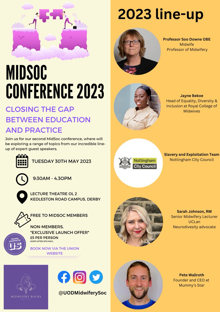 Less than a week to go! 🥳 we are so excited to be hosting our second midsoc conference with another incredible line up @MuddledDaddy @SarahJ_MW @MelaninGovernor @DerbyUni @UOD_SONM @DerbyUnion @derbyunistudent
derbyunion.co.uk/events/35637/4… #studentmidwife