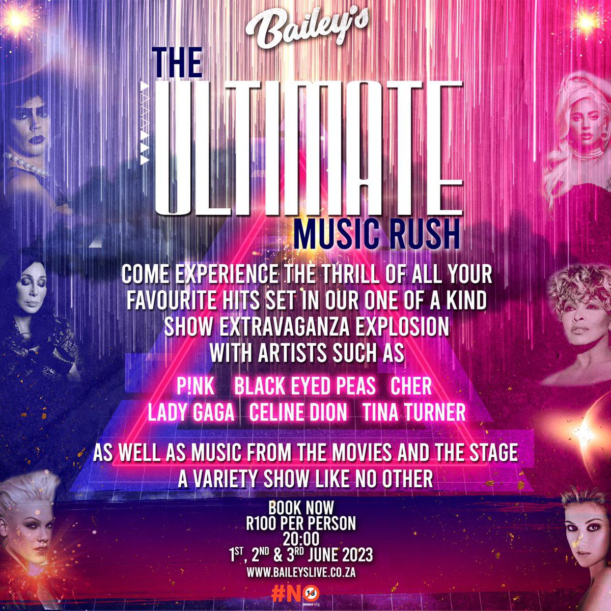 Come experience the thrill of musical variety set in our one of a kind extravaganza explosion like you’ve never seen it before. 

THE ULTIMATE MUSIC RUSH.

June 1st, 2nd and 3rd
R100 per ticket
BOOK NOW!
baileyslive.co.za/product-catego…