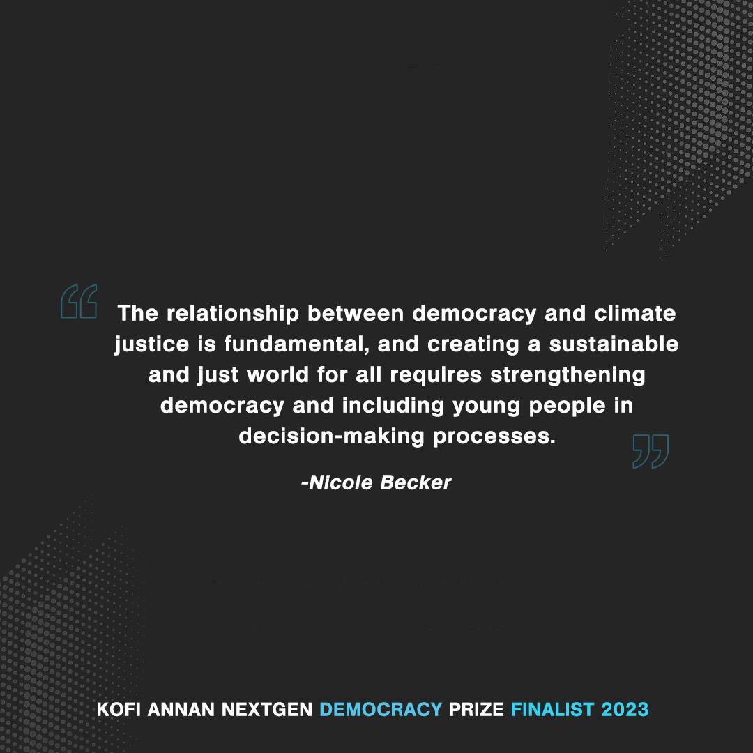 Congratulations to @nickibecker_, a finalist for the  @KofiAnnanFdn #NextGenDemocracyPrize

Nicole is a climate activist & co-founder of Jovenes por el Clima in Argentina. Her work promotes youth participation and advocates for democratic institutions.