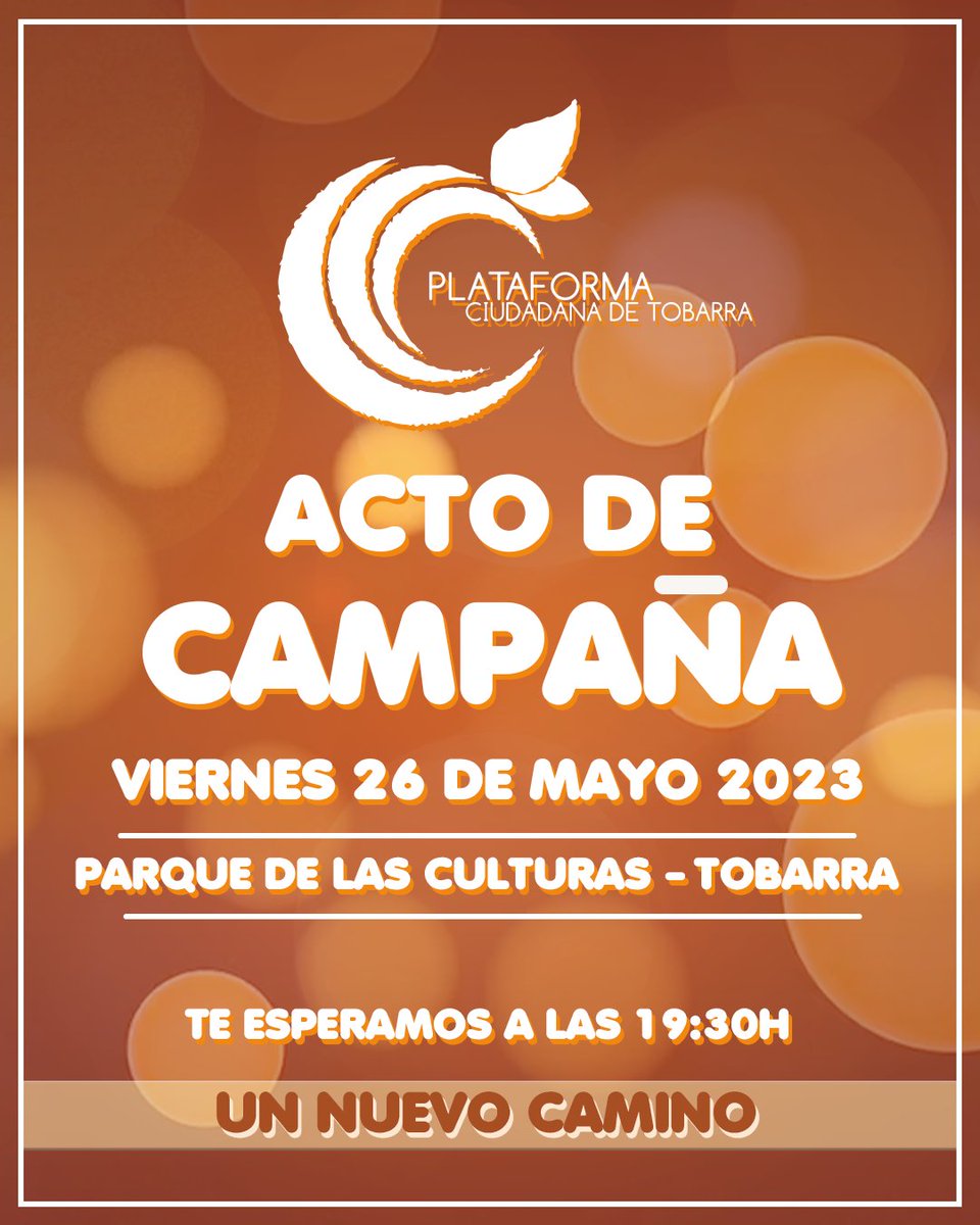 PlataTobarra's tweet photo. 🟠 ACTO FIN DE CAMPAÑA PARQUE DE LAS CULTURAS 🟠

Este viernes 26/05 acabaremos la campaña en el Parque de las Culturas a las 19:30. Esperamos con entusiasmo vuestra presencia y todas las propuestas que podáis aportar.

#UnNuevoCamino
#PlataformaTobarra2023 https://t.co/Ha0FNUYZuX