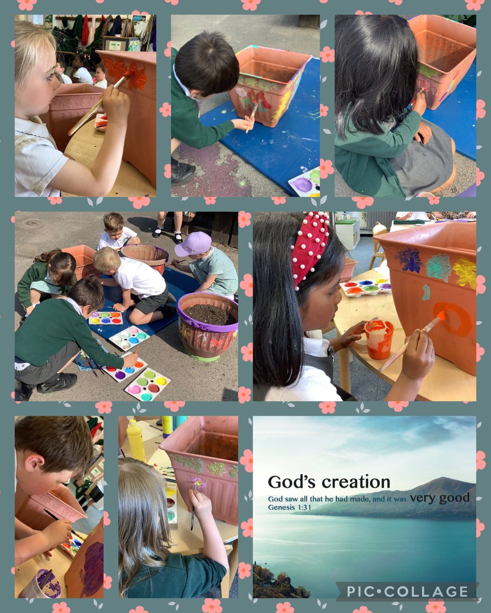 Miss_Myerscough's tweet photo. To start off #StBedesWeek we have been learning about #GodsWonderfulWorld and how we can care and look after it. We have cleaned and painted some old plant pots so that we can plant flowers to spread love and joy around our school. @misssburns @StJosephStBede #SJSBRE #SJSBCST https://t.co/rK3dXyEh3O