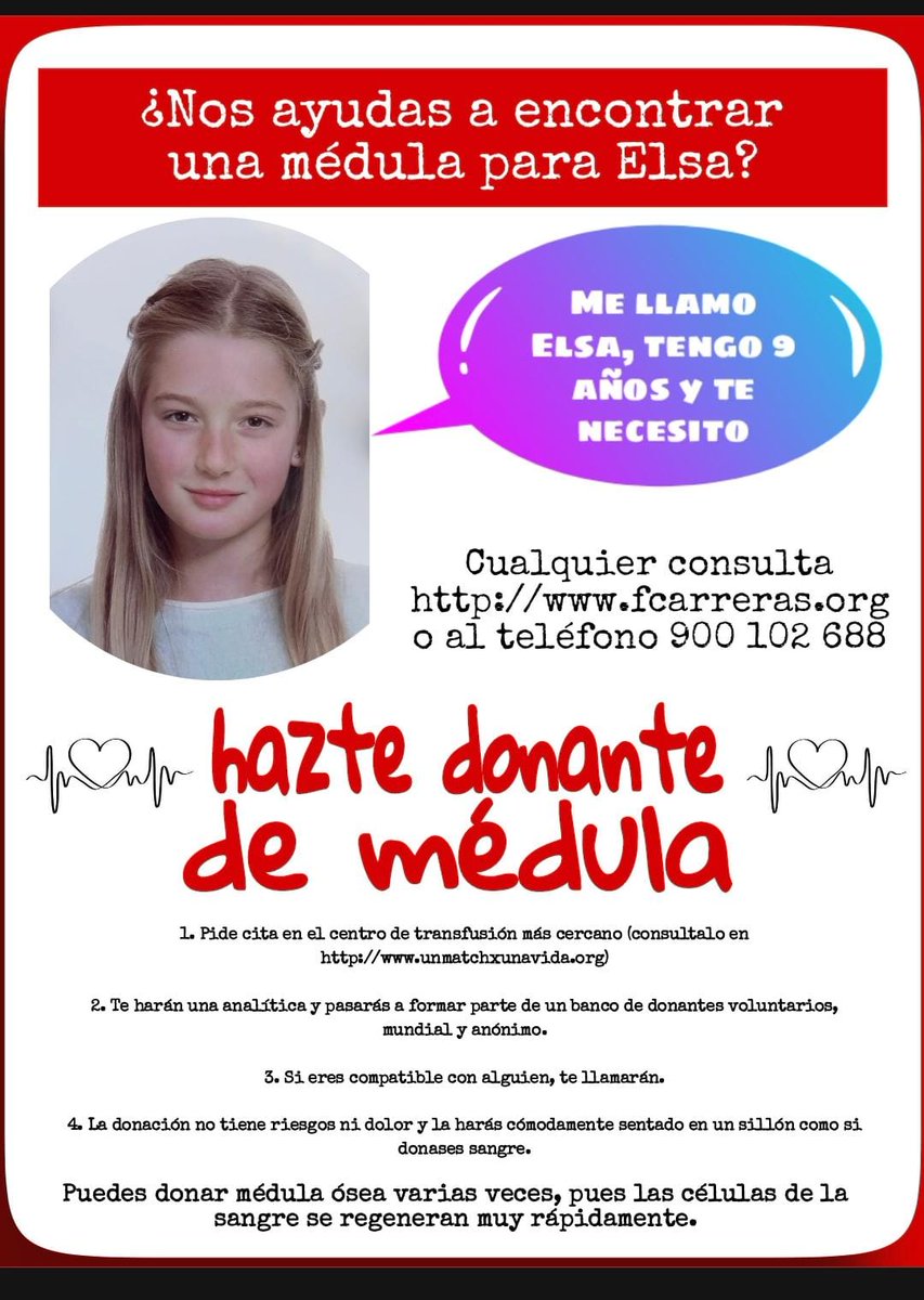 🚨 ¿NOS AYUDAS?🚨

Elsa tiene 9⃣ añitos, es hija de una hermana de sangre azul 👮‍♀️ de la #ComunidadValenciana y necesita un donante de médula 🧡

☎️ 900 102 688 contacta y #donamédula, puedes salvar una vida, puedes salvar su vida.
fcarreras.org

#JUPOLcontigo