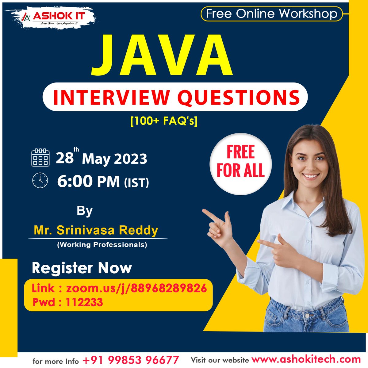 ashokitschool's tweet image. 📷 Free Workshop 📷
📷 Enroll Now : bit.ly/3noOByz
📷 Workshop On 28th-May @ 6:00 PM IST
📷 Subscribe To Youtube Channel: bit.ly/41IHJdj
📷 Visit : ashokitech.com
CALL NOW: +919985396677
#java #javainterviewquestions #javafaqs #workshop #onlinetraining