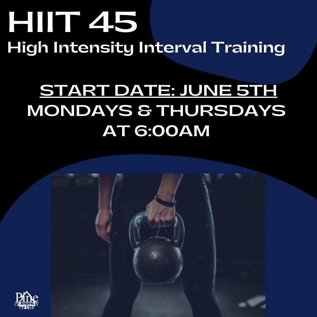 pinecommcenter's tweet image. Starting on June 5th we will be offering HIIT 45 fitness classes. Get ready for bursts of intense exercise alternated with low intensity recovery periods. A mix of equipment may be used to strengthen muscles and increase endurance. Be sure to try it out 💪