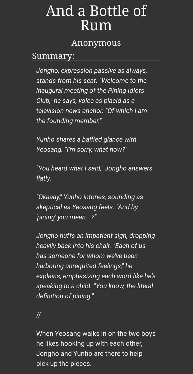 rarepair_fest's tweet photo. 🖤And a Bottle of Rum🤍

By: @eternal_octopus 

🤍Jxnghx/Yxnhx/Yxxsxng
🖤pirate AU
🤍angst
🖤pining
🤍sex education
🖤oneshot

https://t.co/PjPgnuIhGT https://t.co/3JAAbE6Xgj