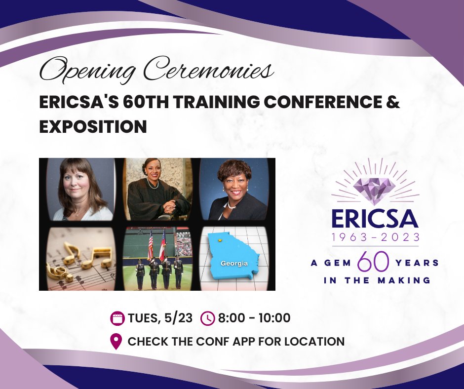 It's time, it's time!!! Opening Ceremonies will be starting soon!  Don't miss any of our fantastic speakers.  During "ROLL CALL" we want to hear your voices loud and clear when your state's name is called! 

Take pictures, share them here, tag 'em #ERICSA60th