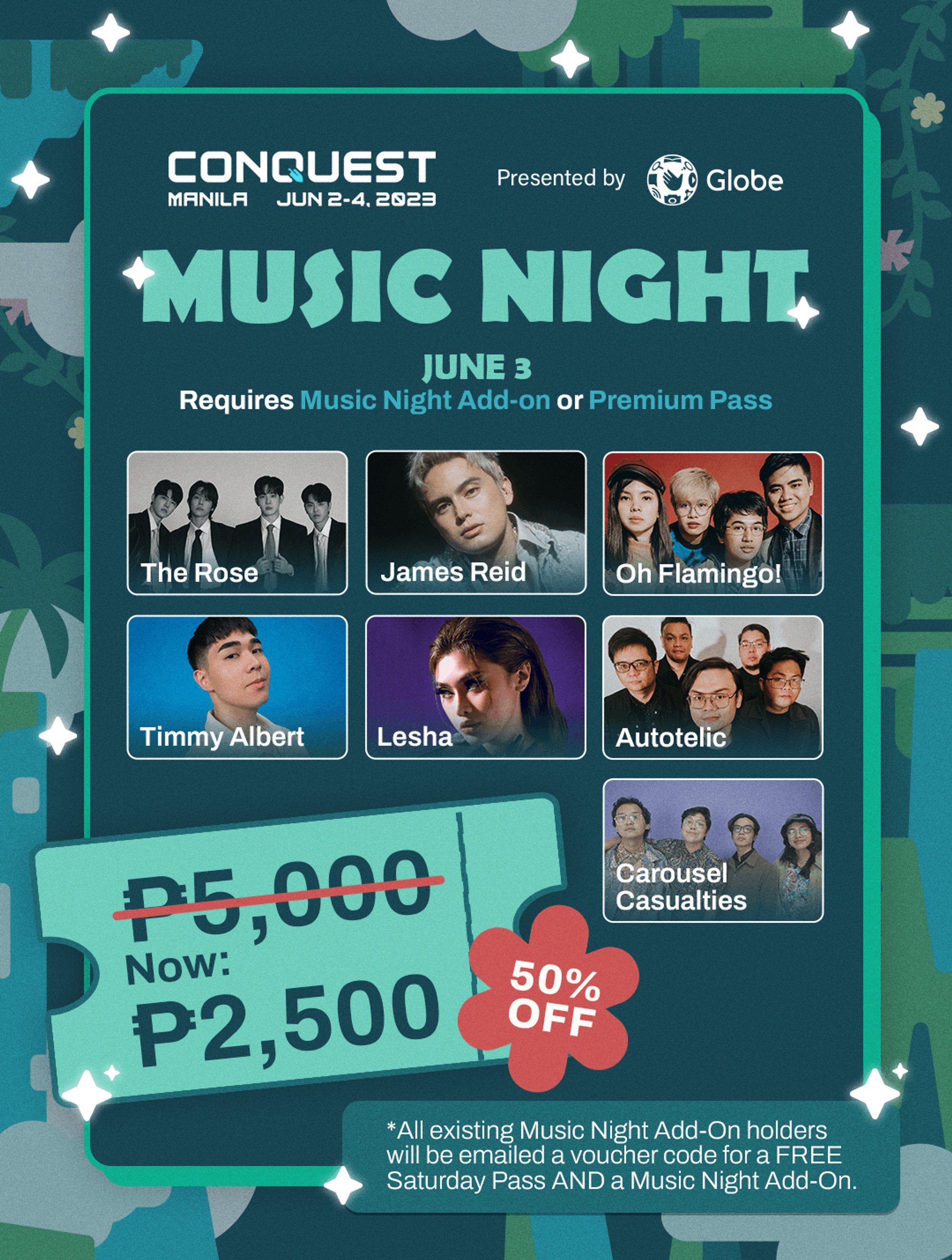 CONQuest Festival 2023 ☁️ on Twitter: "Our presenting partner @enjoyGLOBE  just sponsored half of Music Night! Enjoy listening to all these amazing  artists at HALF OFF! All existing holders of the Music