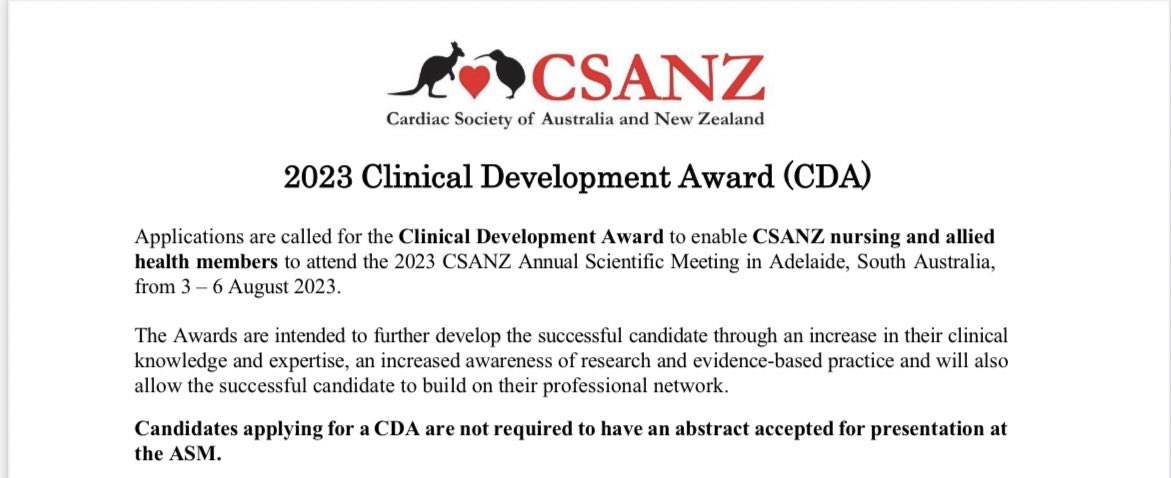📣Apply now for the 2023 Clinical Development Awards for nursing and allied health <a href="/thecsanz/">CSANZ</a> Members
 
You are not required to have an abstract accepted for presentation at the CSANZ ASM 

 📅Apps close Mon,19 June 2023

Check your <a href="/thecsanz/">CSANZ</a> emails for full details! #CSANZ_AHTC