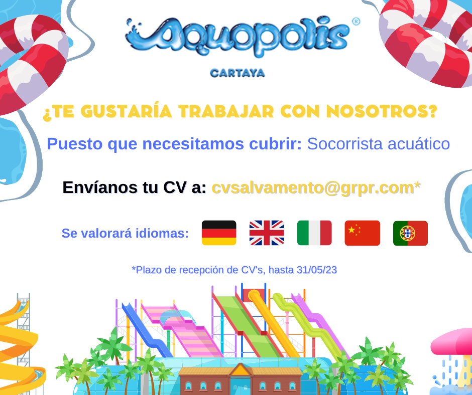🏄 ¿Te gustaría trabajar con nosotros?

🌊 En #aquopolisvillanuevadelacañada estamos ampliando el equipo para la nueva temporada

🛟 Para el puesto de socorrista, envíalo a CVsalvamento@grpr.com

😉 ¡Te esperamos!