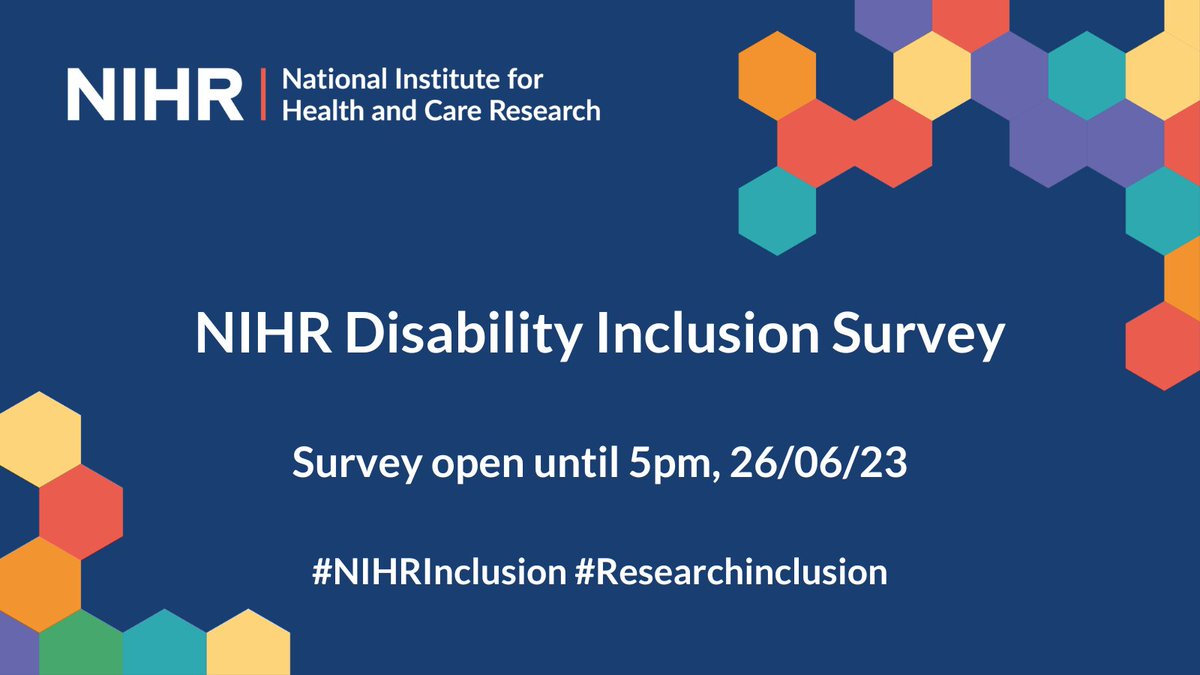 Help make research more inclusive by filling in our disability inclusion survey.

Your input can help shape our work. Please share with your networks and visit our website to complete the survey by 5pm on Monday 26 June: online1.snapsurveys.com/3r1ihr #NIHRInclusion #ResearchInclusion