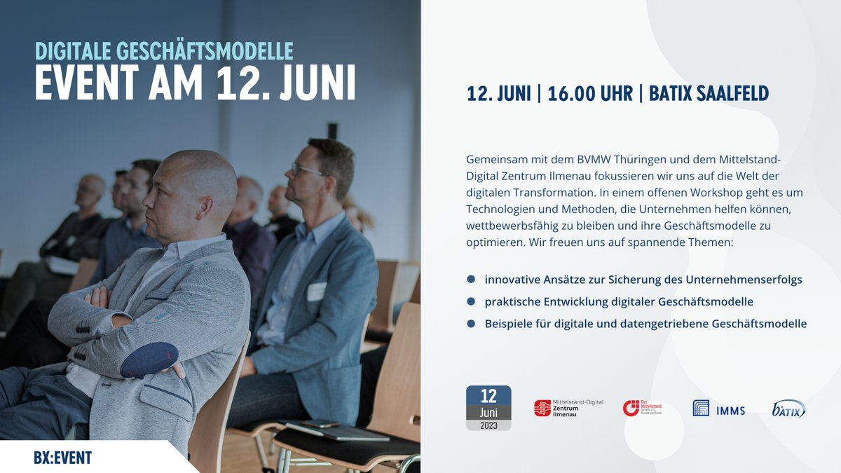 batix's tweet photo. Gemeinsam mit dem @ZentrumIL, dem BVMW Thüringen und der IMMS GmbH laden wir zum Praxis-Workshop nach Saalfeld ein und freuen uns auf ein spannendes Netzwerk-Event. 🚀
Anmelden könnt Ihr Euch einfach unter:
https://t.co/CCaWKbb6rX 💻
#batix #saalfeld #software #digitalstrategie https://t.co/8HmFu8sHUg
