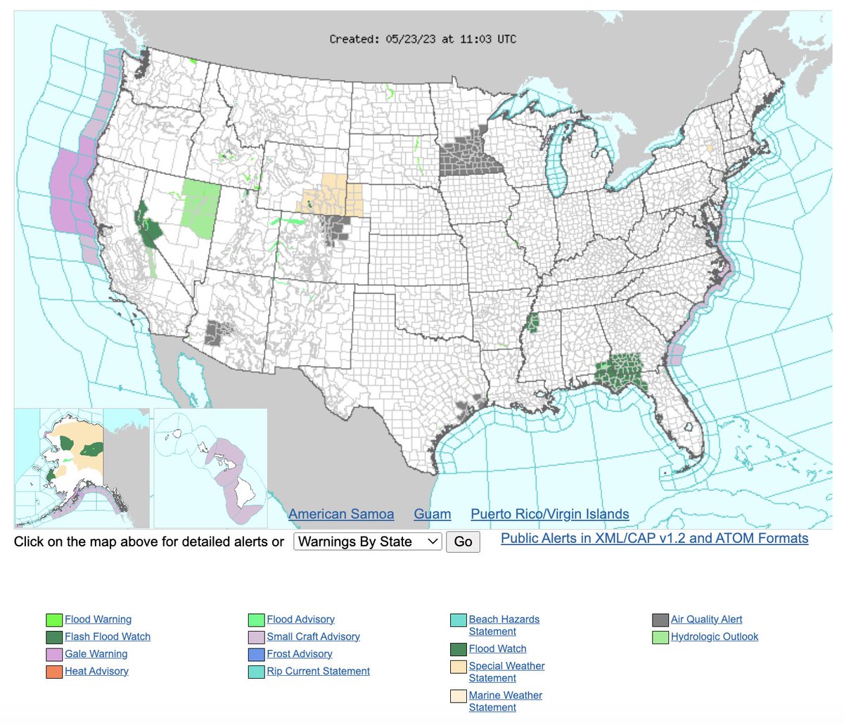 Air quality alerts are in effect across the southern half of #Minnesota this morning, while #flood watches are in effect in portions of the Southeast U.S.

View all U.S. weather hazards here: https://t.co/2Ao7ryR5hf https://t.co/6xjRPIsaMy