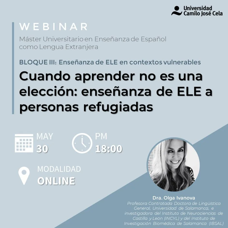 ELE__mental's tweet photo. Y el martes 30 de mayo a las 18 horas (hora Madrid): Dra. Olga Ivanova (Universidad Salamanca) habla sobre ENSEÑANZA ELE EN CONTEXTOS VULNERABLES (A REFUGIADOS). Online y abierta. Enlace: https://t.co/U3W3WM45Jw 
Os esperamos ;) #ele #twitterele  #Docentes #Universidad #Online https://t.co/RJAyVZnLgG