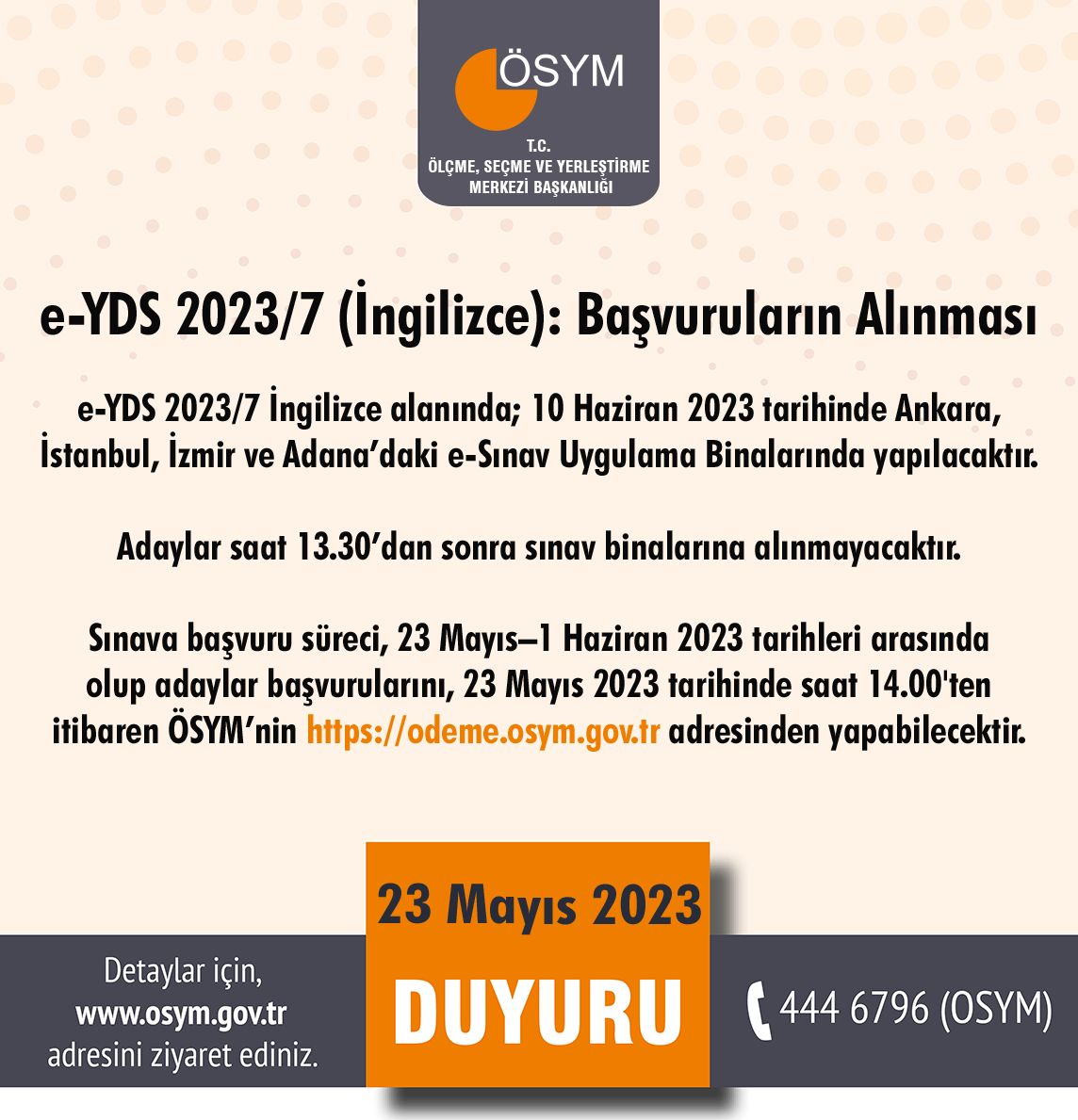 e-YDS 2023/7 (İngilizce): Başvuruların Alınması

osym.gov.tr/TR,25530/e-yds…
