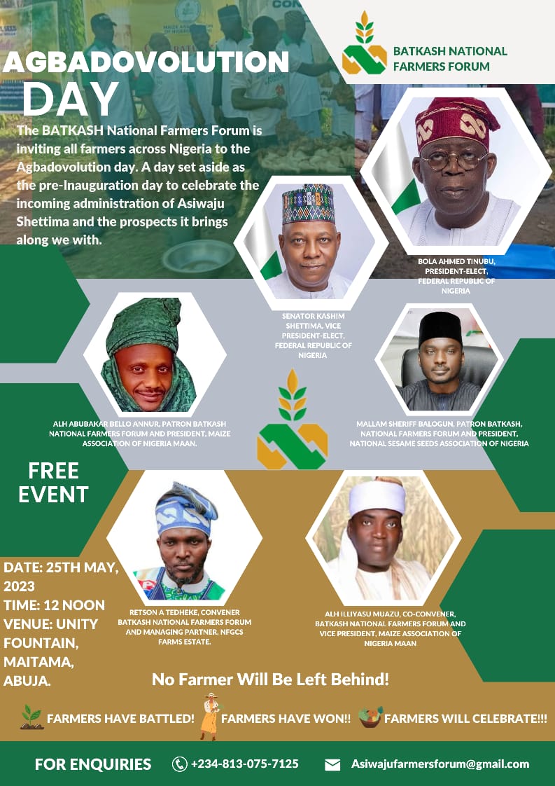 AdesinaAyandok1's tweet photo. #AgbadovolutionDay
BatKash National Farmer Forum will be celebrating the AGBADOVOLUTION DAY on Thursday 25th.
We are inviting all Nigeria Rural Farmers across the 36 states including Abuja to join us at the UNITY FOUNTAIN ABUJA to celebrate the well deserved victory of https://t.co/pPDDeh8vUZ