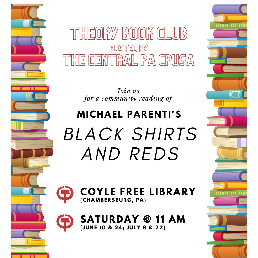 Our summer kicks off next month with a series of readings of Parenti's Blackshirts and Reds! We will be reading Chapters 1 and 2 for our first meeting on June 10th, inside the Coyle Free Library and on Zoom. Check our FB page to RSVP. See you there!!

fb.me/e/2uSuZUr5C?mi…