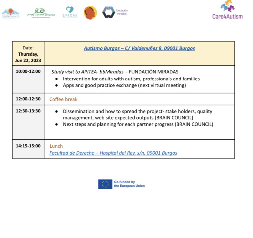👍Exciting news! We are thrilled to unveil the agenda for our upcoming two-day meeting and study visit in Burgos, Spain as part of the Care4Autism initiative. Join us as we delve into the realm of sharing best practices for supporting adults with #autism and their caregivers.