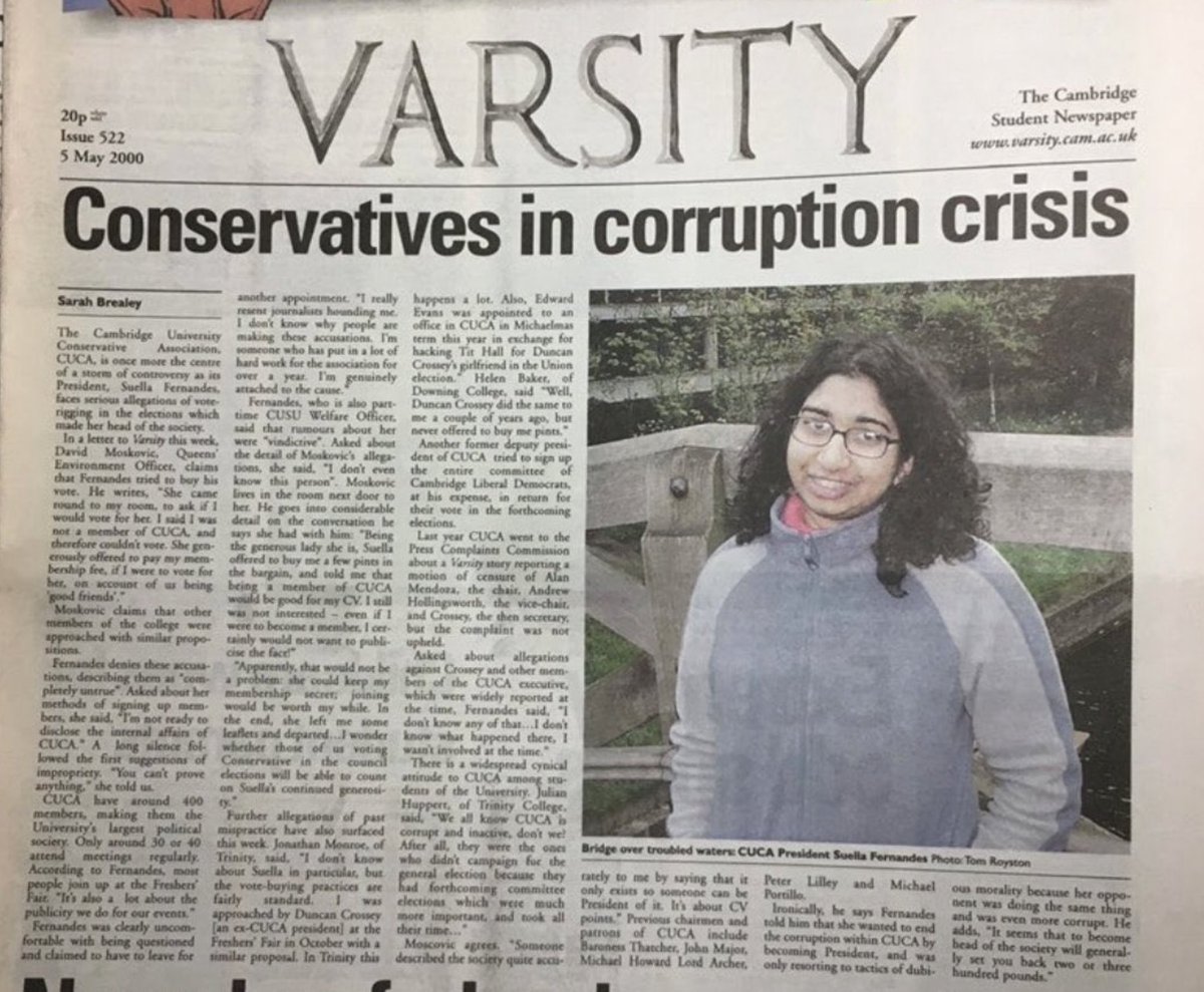 what this? it’s just an article from the year 2000 about suella fernandes, president of the cambridge university conservative association, who was accused of vote rigging and responded with a reassuring “you can’t prove anything”