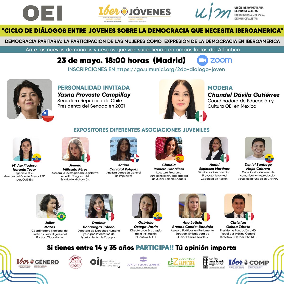 HOY!  Nos unimos a este potente  grupo de jóvenes para dialogar sobre los desafíos para alcanzar la #DemocraciaParitaria en #Iberoamérica.

📷 El evento contará con la presencia de tres representantes de #IBERGÉNERO y de jóvenes integrantes de las redes #IBERJÓVENES y #IBERCOMP