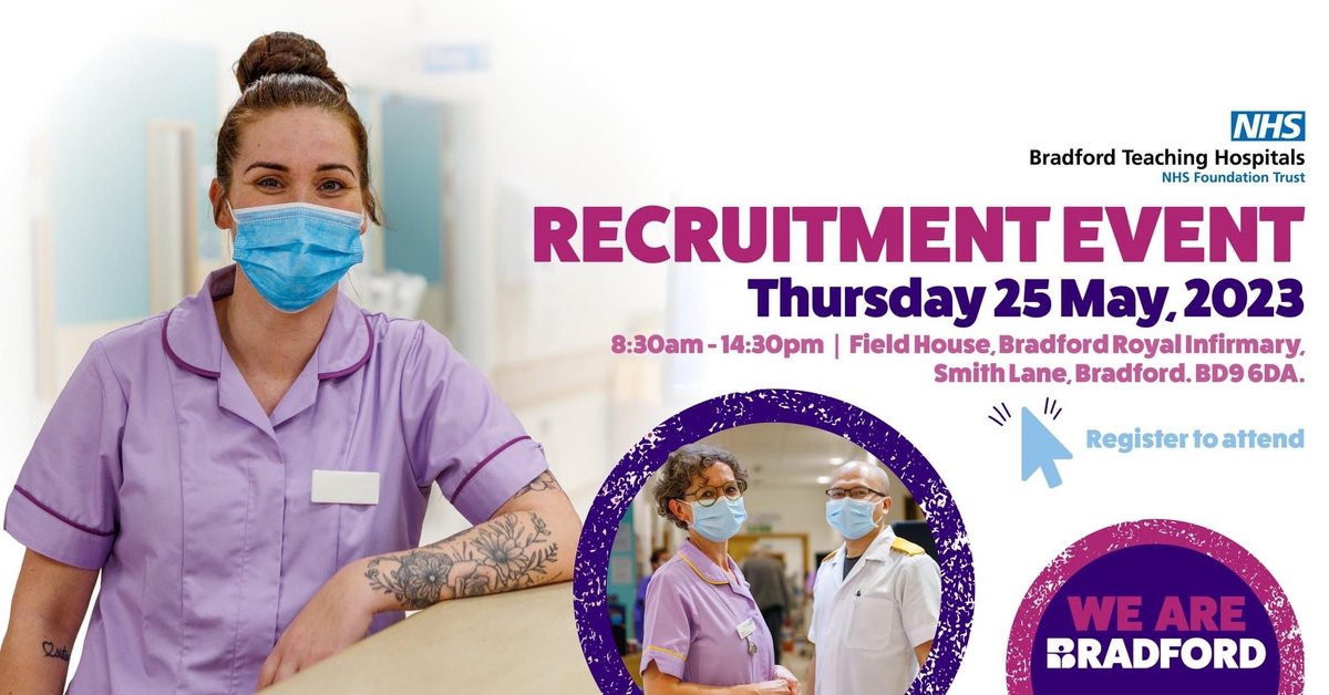 Big shout out reminder 🙏 Recruitment event on Thursday 25 May @BTHFT  Come & meet our amazing teams #oneteammanytalents #recruitmentday #wearebradford @Mel_Pickup @karendawber @willissean @Jhilty33