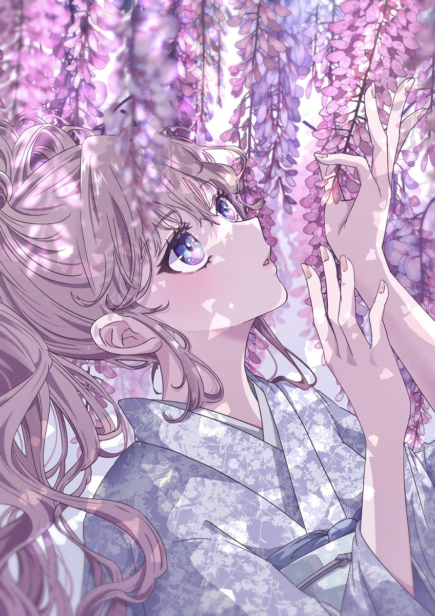 1girl japanese clothes kimono solo flower wisteria long hair  illustration images