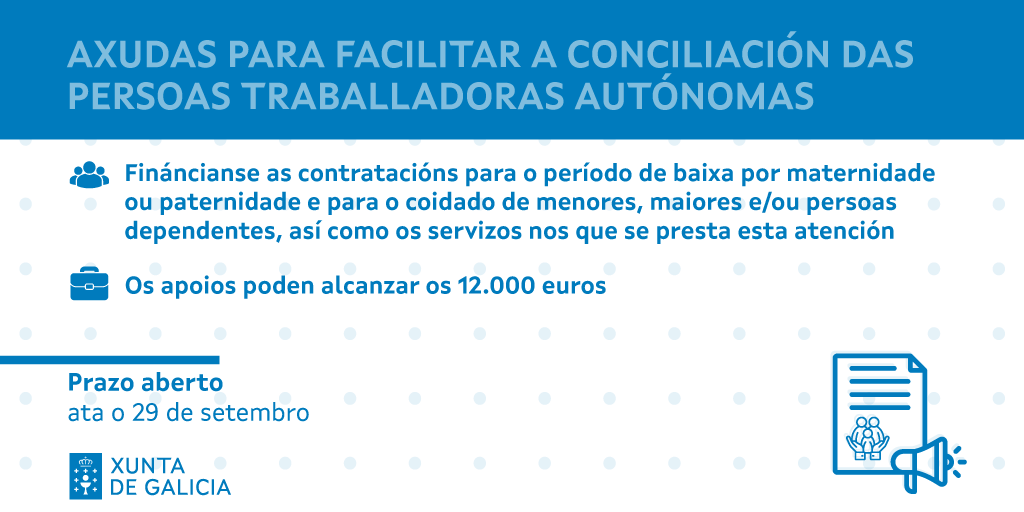 empregogal's tweet photo. 🤔 Sabías que o colectivo de autónomos, xunto coas pequenas empresas, conforman o 97% do tecido produtivo galego? 

☝️ Por iso, destinamos 1M€ a esta convocatoria de apoios para seguir apostando pola conciliación e a corresponsabilidade 

ℹ https://t.co/DWtrVjjXh9 https://t.co/TIGyneOoW6