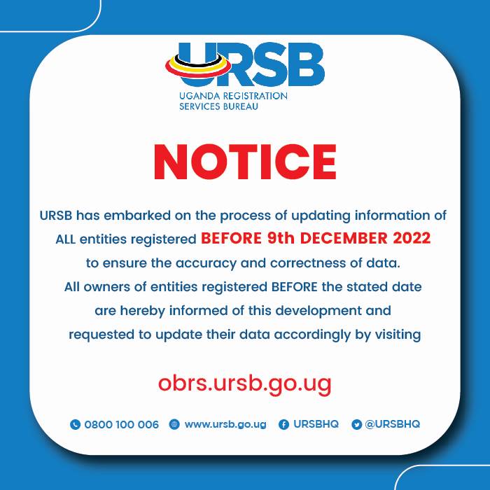 📌📌Corporate Update: To all registered entities

All entities registered before 9th December 2022 are required to update their information by @URSBHQ This is to ensure accurate and correctness of data! Update can be done via obrs.ursb.go.ug #BusinessRegistrationUG